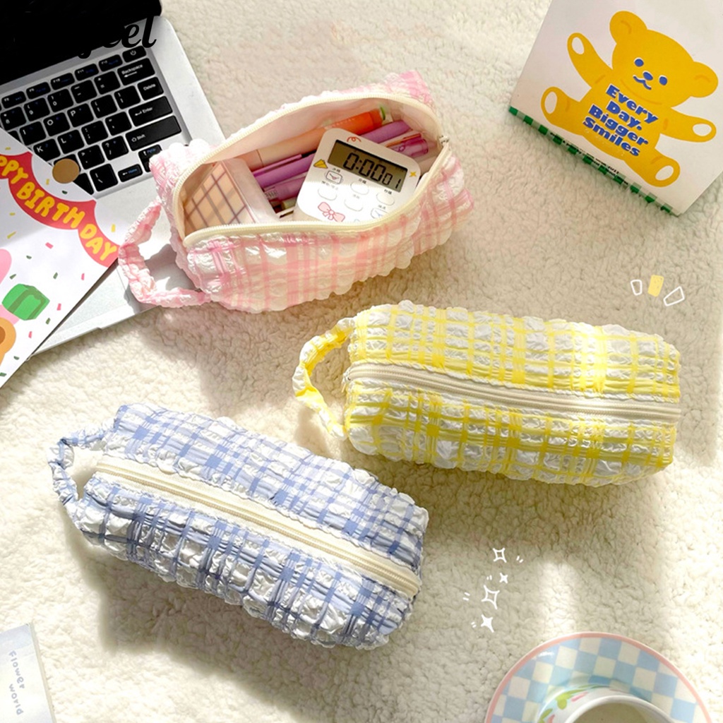 Túi Đựng Bút Chì Mềm Mại Họa Tiết Kẻ Sọc Với Tay Cầm Tiện Dụng Cho Trường Học