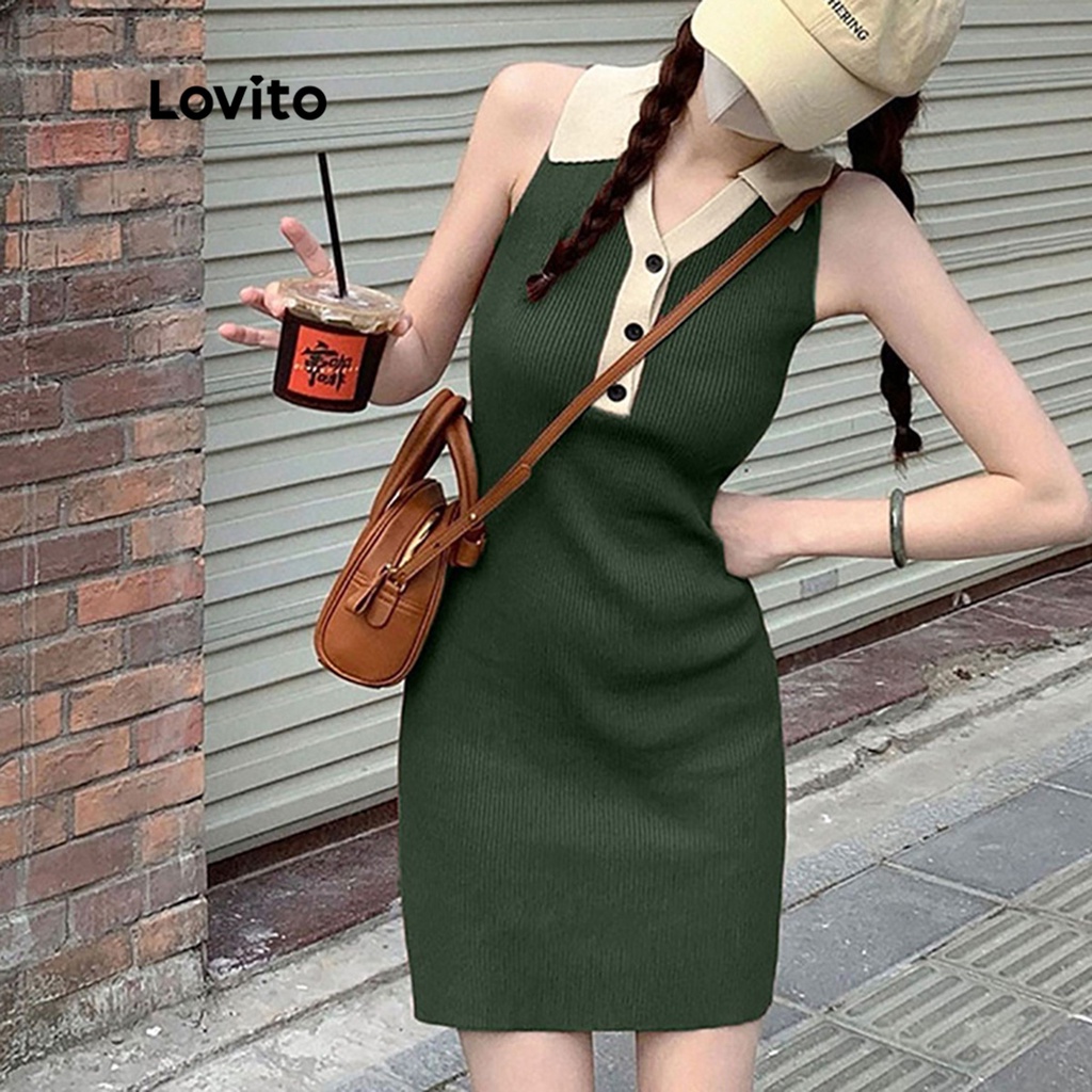 Lovito Đầm mini không tay phối nút màu trơn giản dị dành cho nữ LNE15127 (Màu xanh đen)