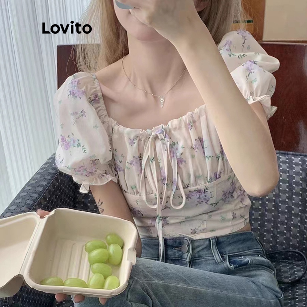 Lovito Áo thắt nút hoa giản dị cho nữ LNE15021 (Quả mơ)