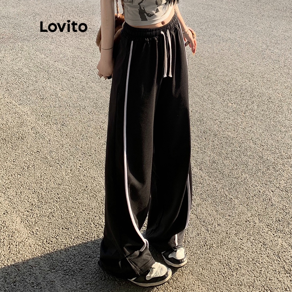 Lovito Quần ống rộng lưng trung sọc phối màu đơn giản cho nữ LNE15115 (Đen)