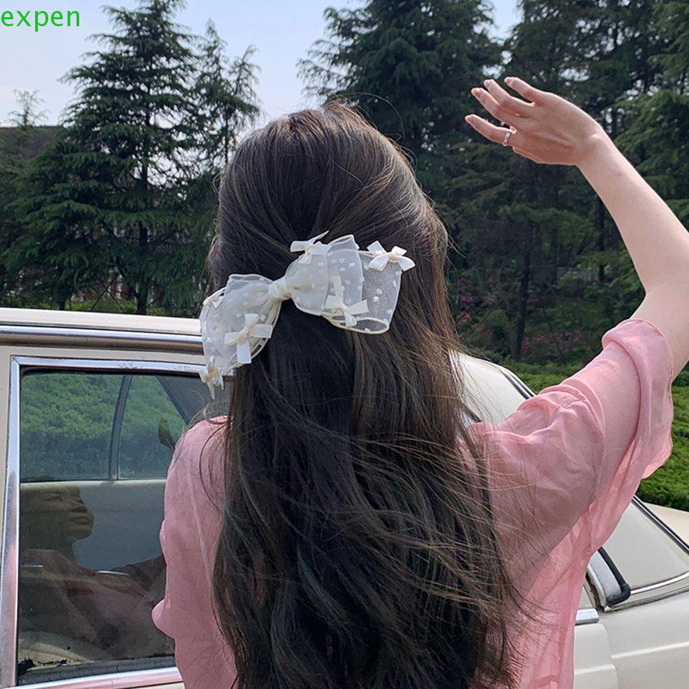 EXPEN Kẹp Tóc Nơ Vải Chiffon Họa Tiết Chấm Bi Phong Cách Hàn Quốc Dễ Thương