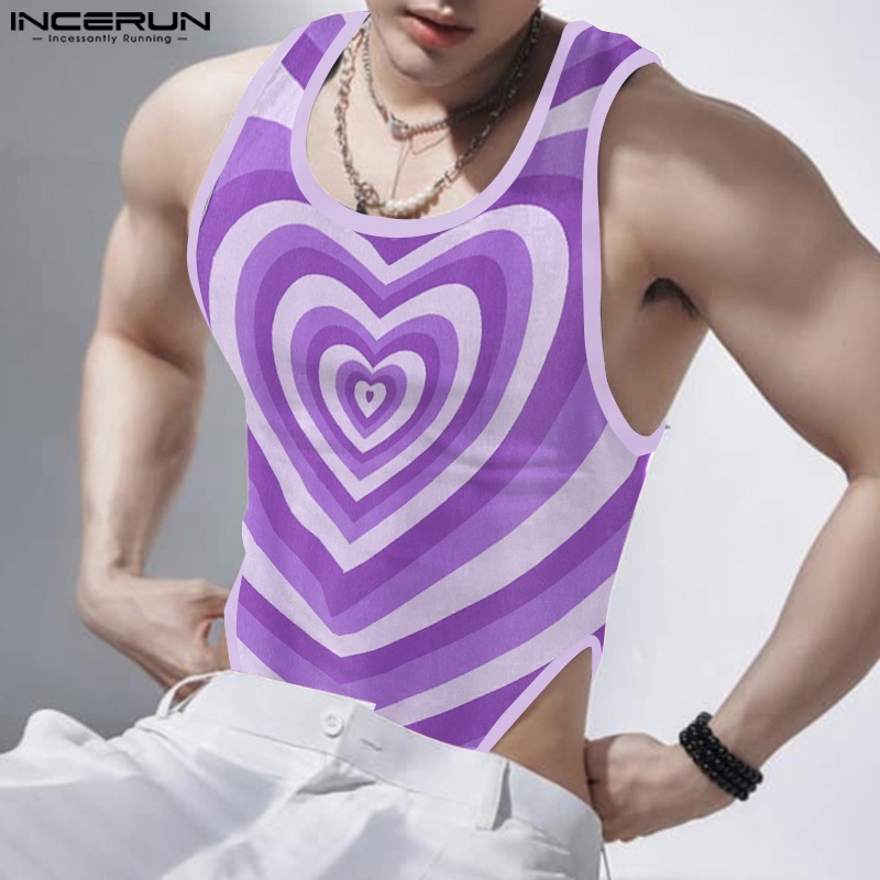 INCERUN Jumpsuit Sát Nách In Họa Tiết Trái Tim Thời Trang Hàn Quốc Cho Nam