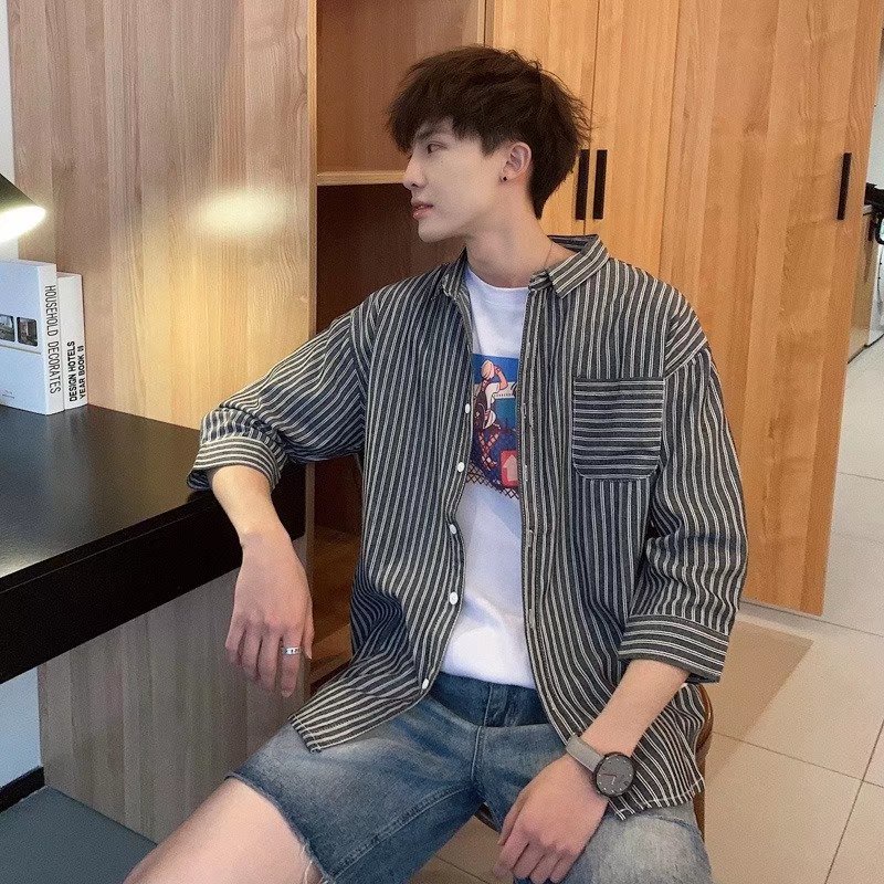 Áo Sơ Mi Tay Ngắn Họa Tiết Sọc Thời Trang Phong Cách Hàn Quốc Cho Nam
