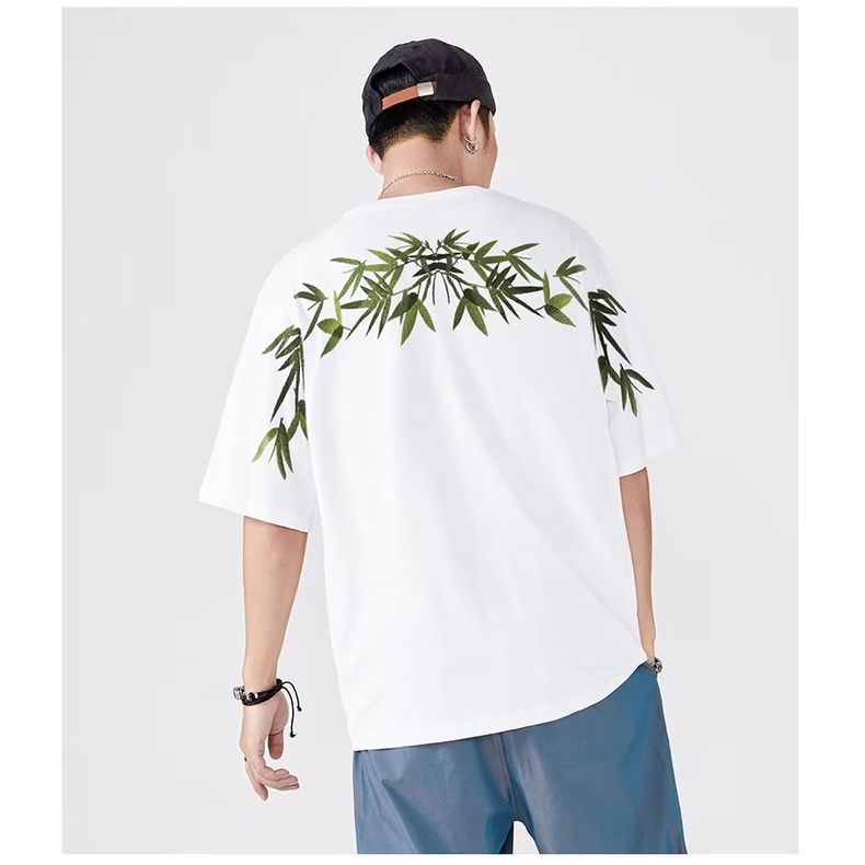 Áo Thun Tay Ngắn Dáng Rộng Thêu Hình Lá Tre Thời Trang Cá Tính Cho Nam