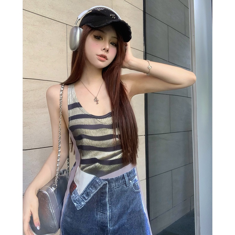 Đầm Cổ Chữ U In Họa Tiết Kẻ Sọc Phong Cách Quyến Rũ