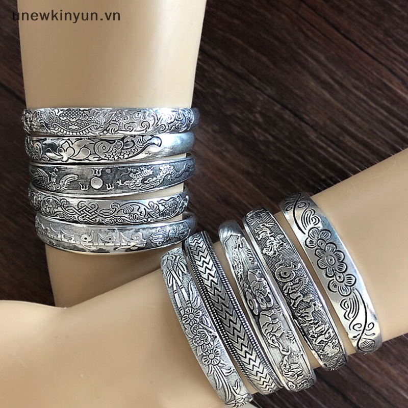 Vòng Tay Hở Mạ Bạc Khắc Họa Tiết Phong Cách Tây Tạng Cổ Điển