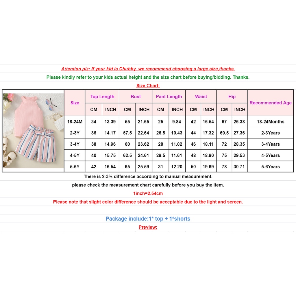 Set Đồ Mùa Hè 2 Món Gồm Áo Hồng Trễ Vai + Quần Ngắn Kẻ Sọc Dễ Thương Cho Bé Gái 1-6 Tuổi