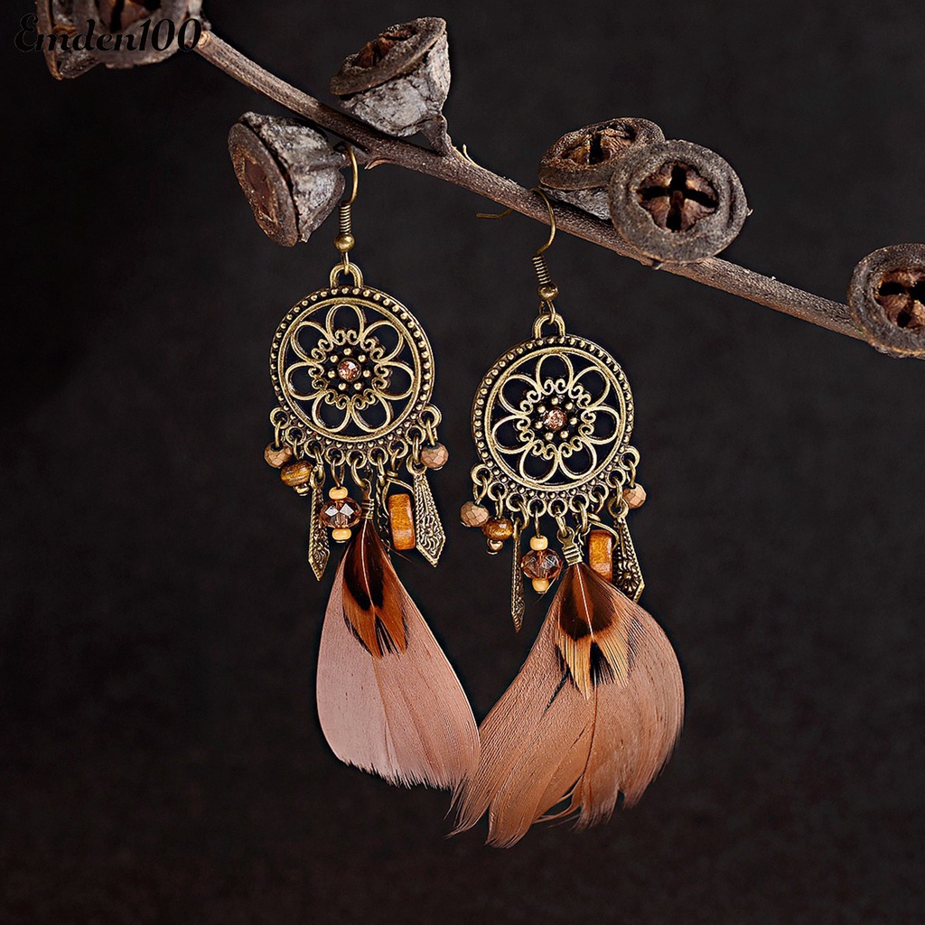 1 Đôi Bông Tai Hình Tròn Đính Hạt Phối Lông Vũ Thời Trang Cho Nữ