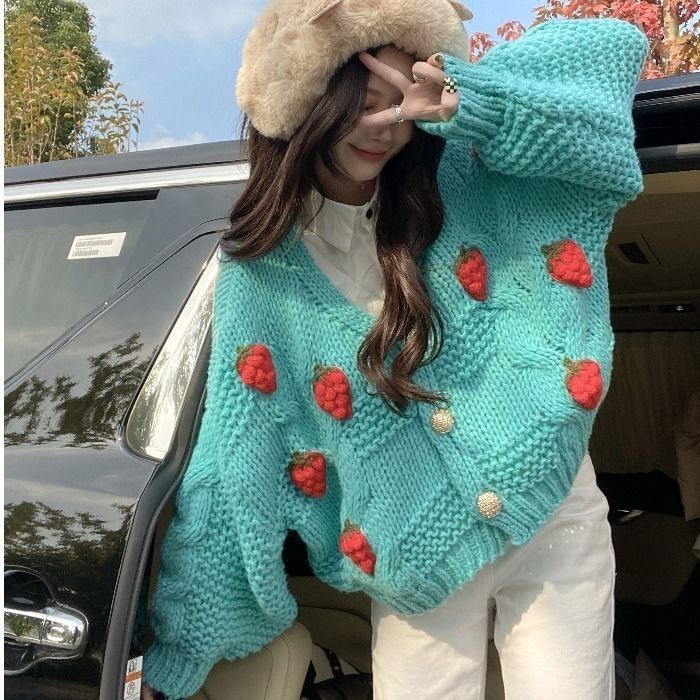 Áo Khoác Cardigan Dệt Kim Dáng Rộng Họa Tiết Hoa / Dâu Tây Dễ Thương Cho Nữ