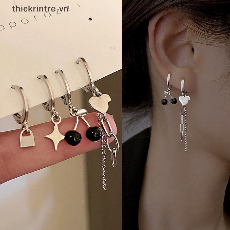 Bộ 4 Khuyên Tai Bạc Dáng Dài Họa Tiết Trái Tim / Cherry Thời Trang Cho Nữ