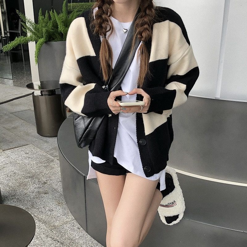 Áo Khoác Cardigan Dệt Kim Tay Dài Dáng Rộng Họa Tiết Kẻ Sọc Màu Tương Phản Phong Cách Hàn Quốc Mới Cho Nữ