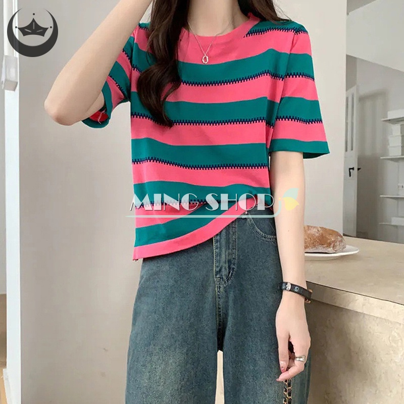 Áo Thun Tay Ngắn Họa Tiết Kẻ Sọc Thời Trang Mùa Hè 2023 Dành Cho Nữ
