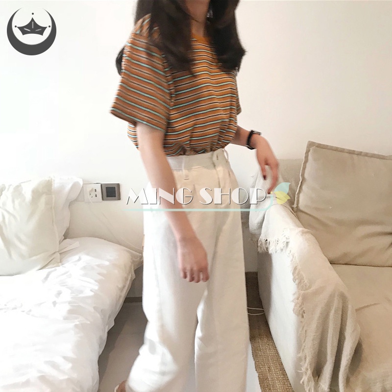 Áo Thun Nữ Ngắn Tay Cổ Tròn Sọc Ngang Thời Trang