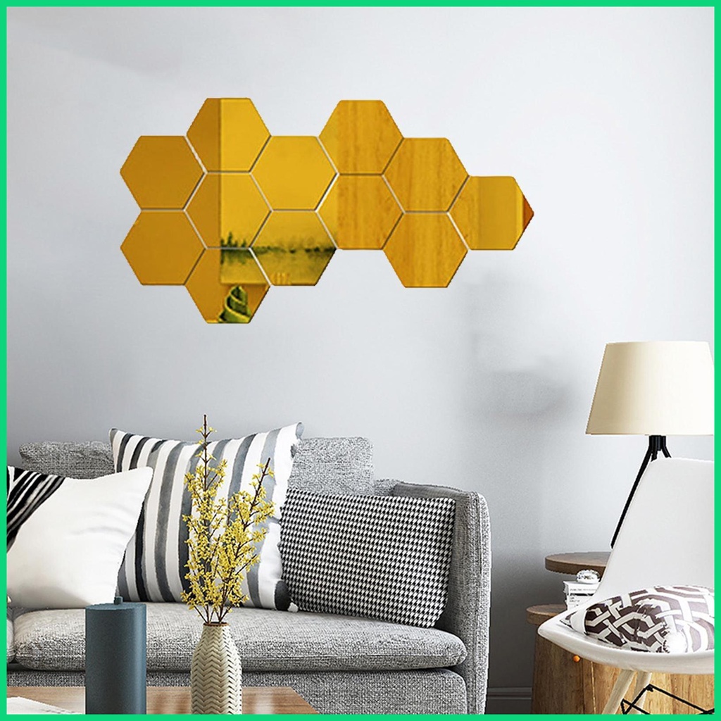 Set 12 Miếng Dán Tường Tráng Gương Hình Lục Giác Tháo Được Trang Trí Phòng Khách / Phòng Ngủ / Phông Nền TV