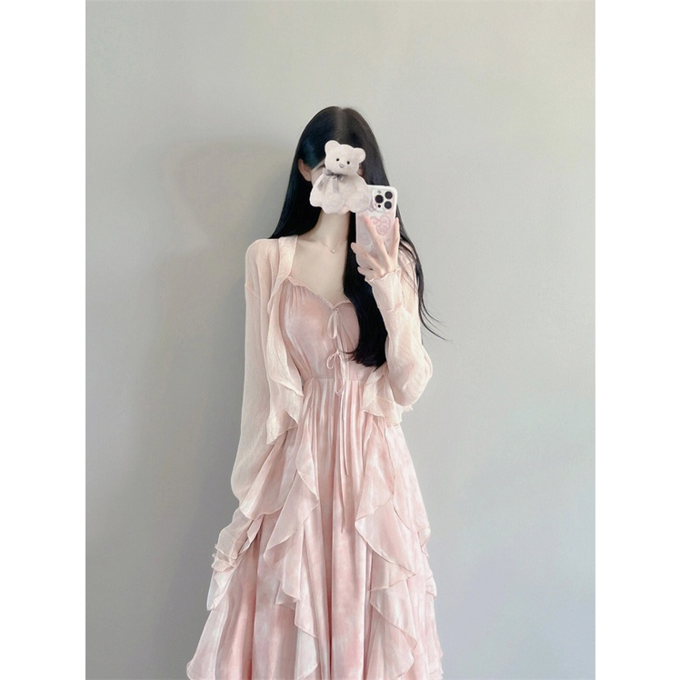 Set Áo Khoác Mỏng Phối Bèo + Đầm Hai Dây Mỏng Thời Trang Mùa Xuân 2023 Mới Cho Nữ 36EP