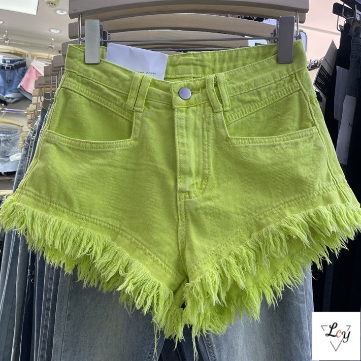 Quần Short Denim Dáng Chữ A Viền Tua Rua Màu Kẹo Ngọt Thời Trang Năm 2023 Cho Nữ