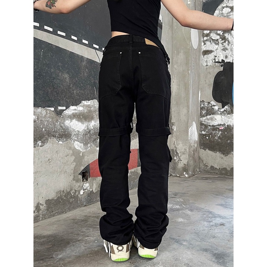 Quần Yếm Jean Dài Ống Đứng Màu Đen Phong Cách Đường Phố Mỹ Cá Tính Cho Nữ