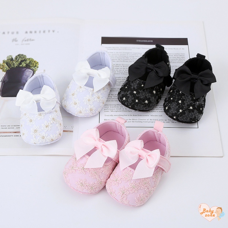 Giày Tập Đi Đính Nơ Thêu Hoa Xinh Xắn Cho Bé 0-12 Tháng Tuổi