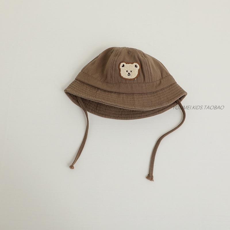 Mũ Tai Bèo Vải Lanh Chống Nắng Màu Trơn Thêu Họa Tiết Gấu Hoạt Hình Phong Cách Cổ Điển Thời Trang Mùa Hè Cho Bé