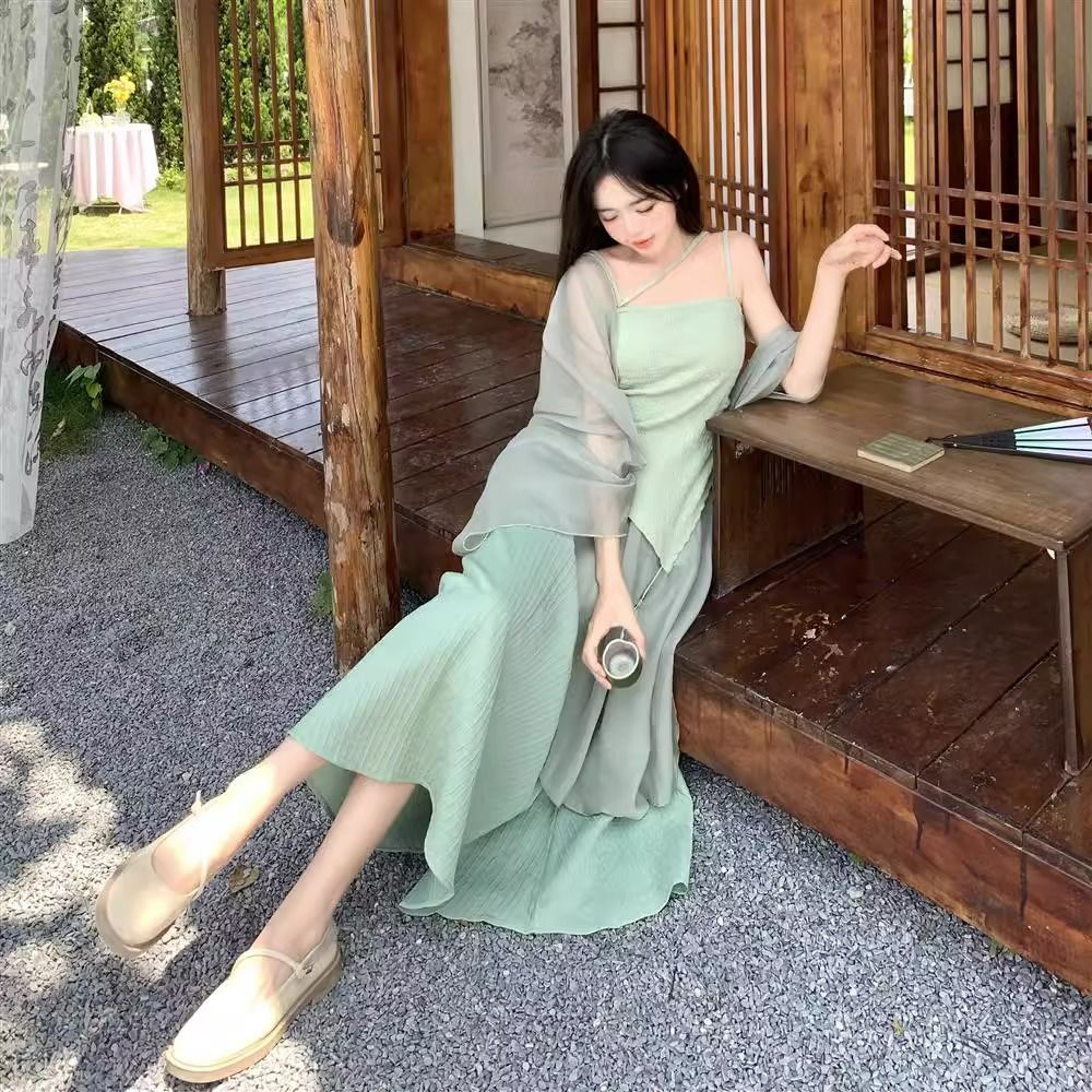 Set Áo Khoác Cardigan Chống Nắng + Áo Hai Dây + Chân Váy Lưng Cao Thiết Kế Mới Thời Trang Theo