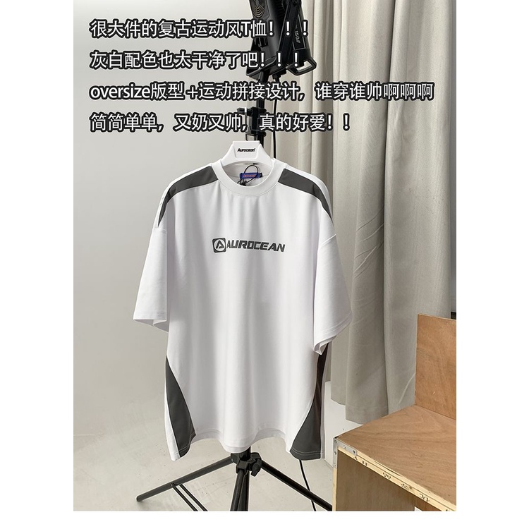 [Retro Jersey] Áo Thun Thể Thao Wanjiese Dáng Rộng Tay Ngắn Phong Cách Retro Đơn Giản Màu Xám Trắng Khâu Blokecore