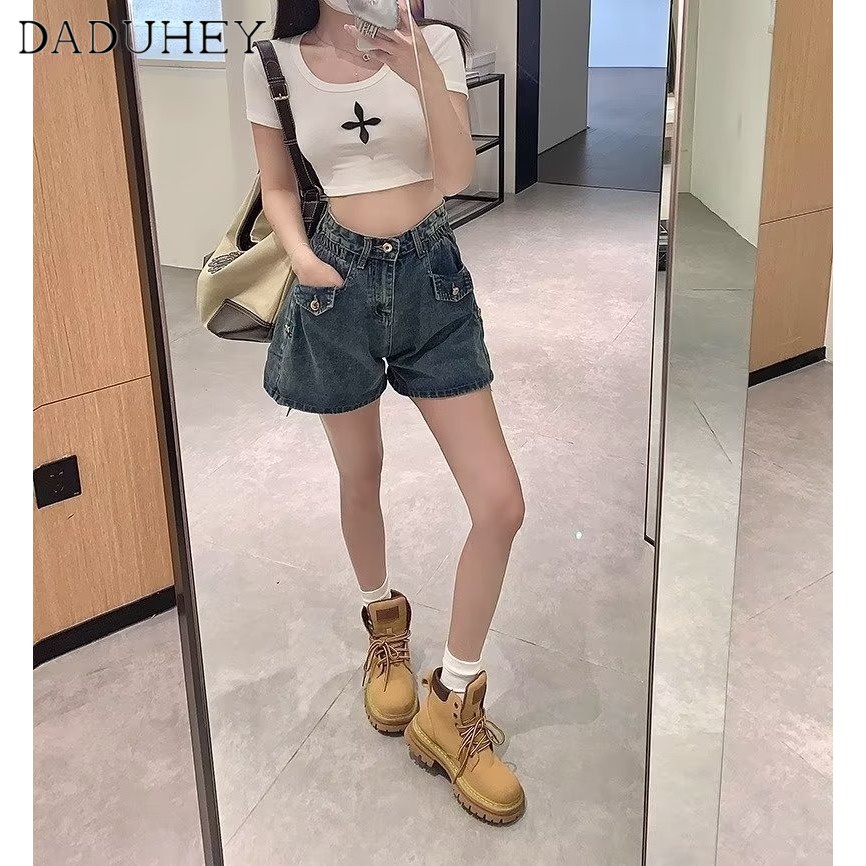 DaDuHey New American Ins High Street Rolled Edge Denim Shorts Niche High Waist A- line Pants Large Size Hot Pants
