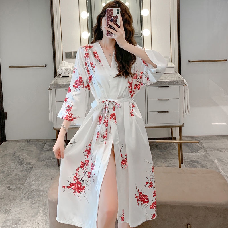Áo Choàng Ngủ Dáng Dài Bằng Lụa Mát Mỏng Thời Trang Xuân Hè Nhật Bản Quyến Rũ Cho Nữ