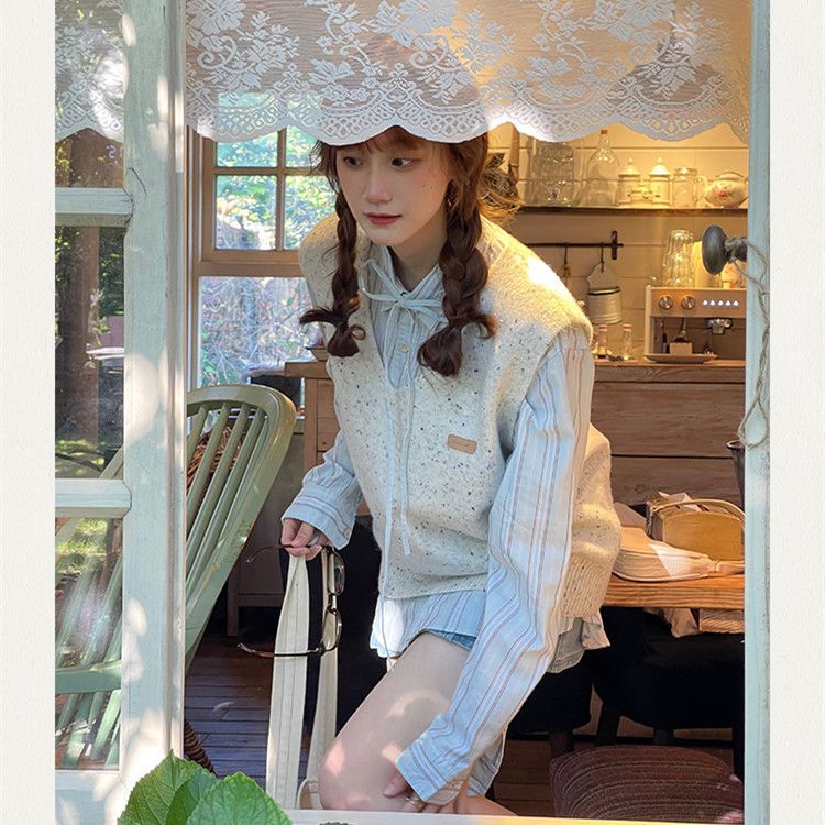 G-Fashion Áo gi lê dệt kim không tay cổ chữ V rộng rãi thời trang phong cách học đường cổ điển nghệ thuật mùa thu cho nữ
