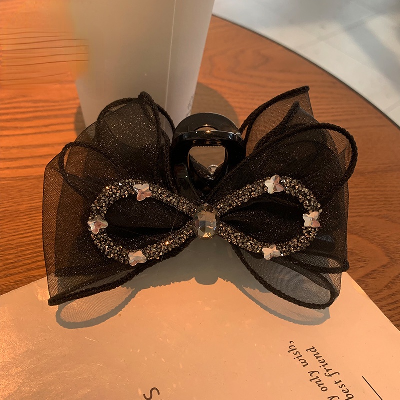 Kẹp Tóc Nơ Lưới Acrylic Đính Đá Lấp Lánh Màu Đen Thời Trang Mùa Hè Cho Nữ