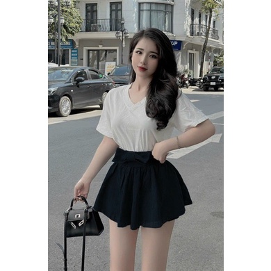 Bigsize Set áo thun cổ tim kèm chân váy jeans nơ 55-95kg