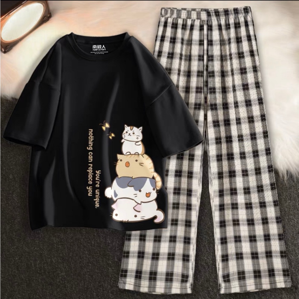 Sét áo phông 5 Chú Mèo + quần bom, Áo thun from rộng, mặc cho Nam và nữ chất đẹp, Sét bộ mặc ở nhà - AD
