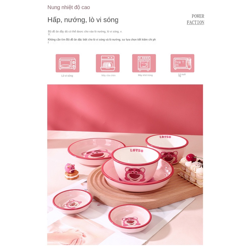Bộ Bát Đĩa Muỗng Ăn Cơm Bằng Sứ Hình Gấu Và Dâu Tây Dễ Thương Tiện Dụng Cho Gia Đình