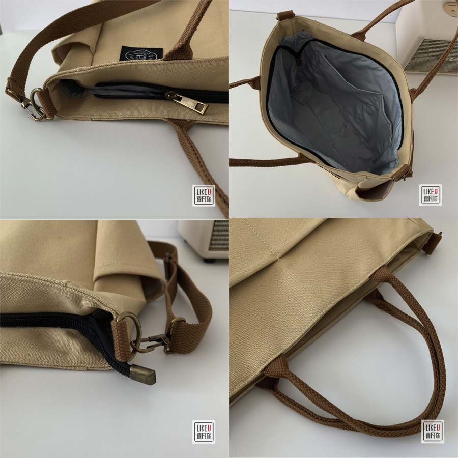 Túi Đeo Vai Canvas Kích Cỡ Lớn Nam Nữ Hàn Quốc Đi Làm Đi Học - Túi Xách Tote Vải Công Sở Nhiều Ngăn Có Khoá Đựng Laptop
