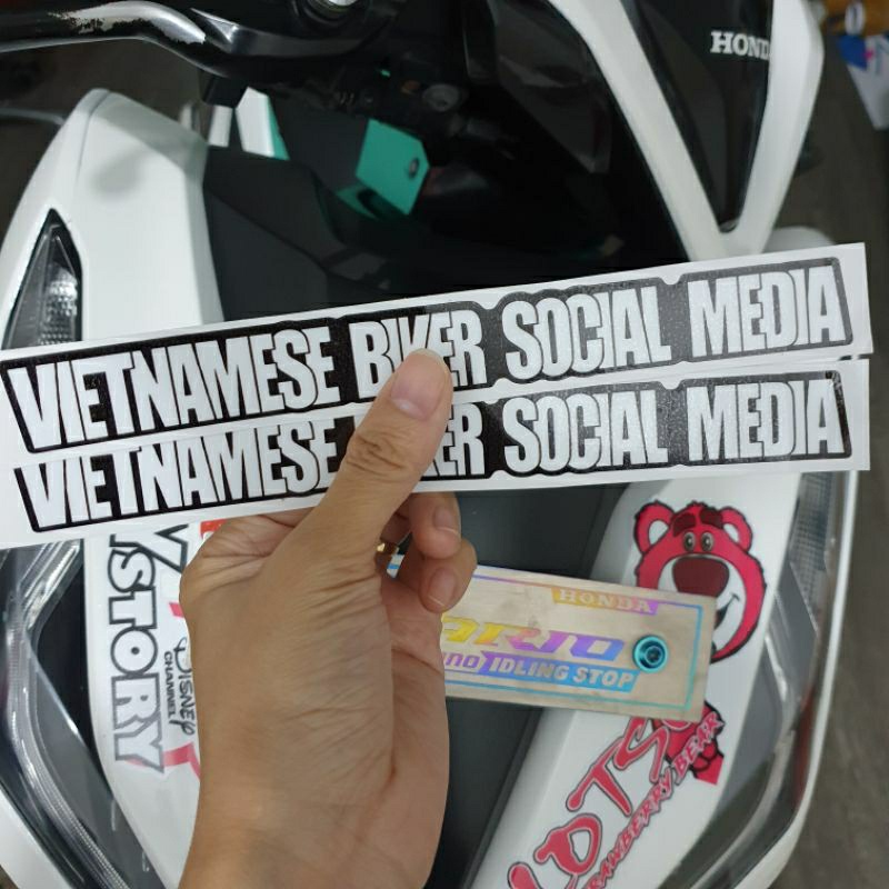 Tem decal chữ logo Vietnamese Biker Social Media đủ kích thước 10cm 15cm 20cm 25cm 30cm tem in chữ trắng viền đen dán xe