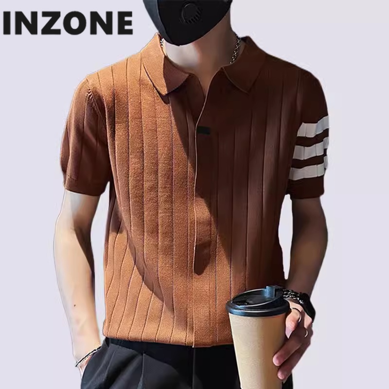 Áo Thun Polo Dệt Kim Tay Ngắn Dáng Ôm Họa Tiết Kẻ Sọc Phong Cách Hàn Quốc Thời Trang Cho Nam