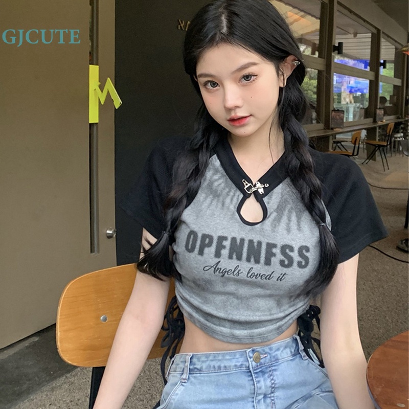 Áo Thun Croptop Cổ Tròn Tay Raglan Ôm Dáng Phối Dây Rút In Chữ Cổ Điển Mùa Hè Cho Nữ WTD