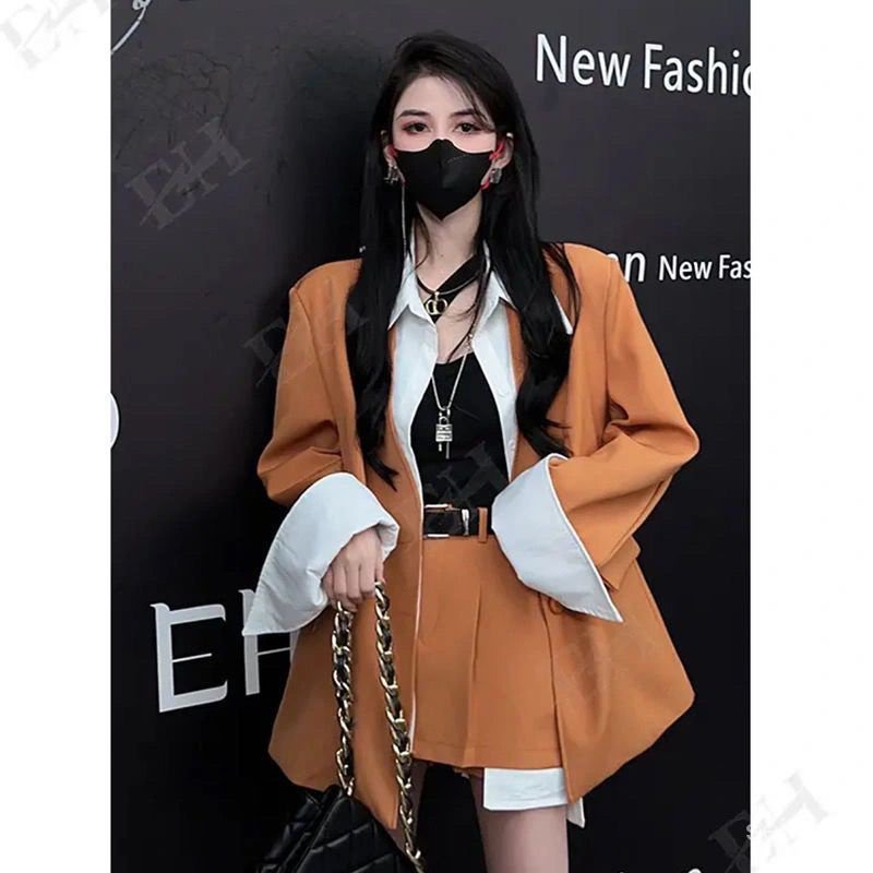 Two-piece suit Korean style women's new stitching fake two-piece suit jacket belt stitching skirt pants ins style suit