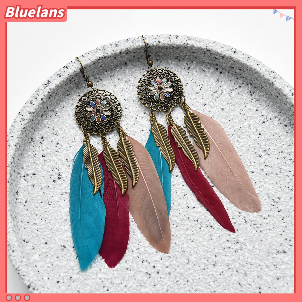 1 Đôi Bông Tai Hình Lông Vũ Đính Hạt Nhiều Màu Phong Cách Bohemian Dành Cho Nữ