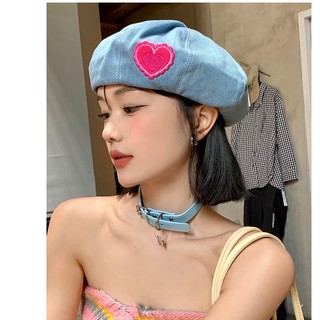 Mũ beret vải canvas họa tiết trái tim dễ thương cho nữ