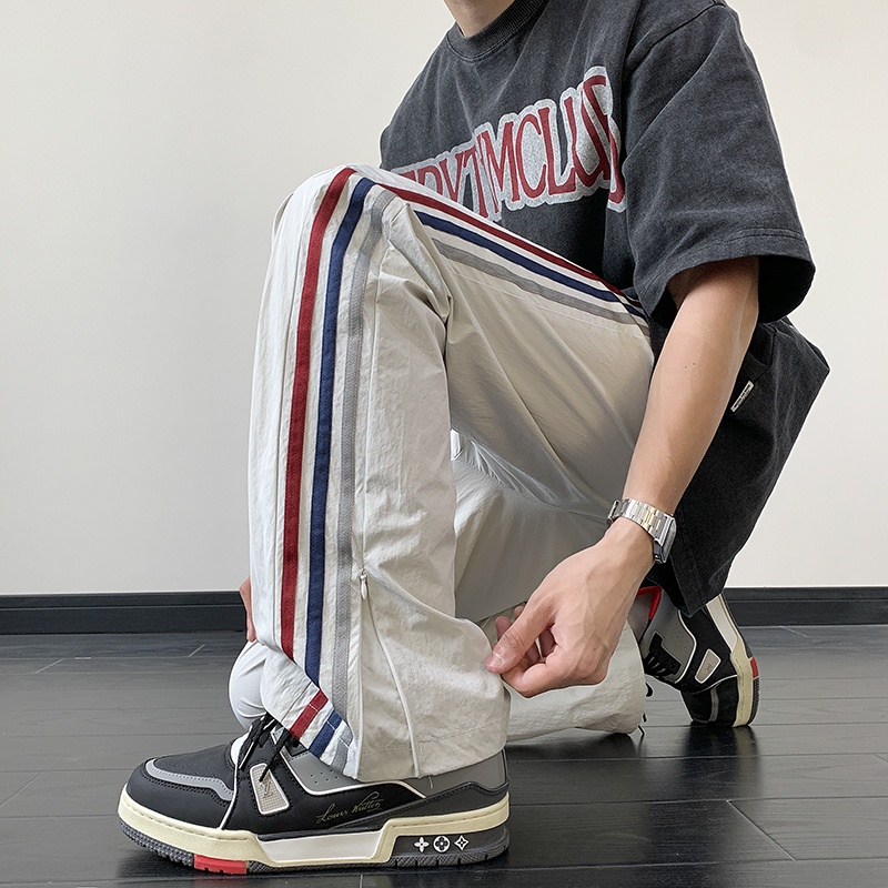 Quần Dù Mỏng Kẻ Sọc Bên Hông Phong Cách Đường Phố Mùa Hè Thông Thường Cho Nam