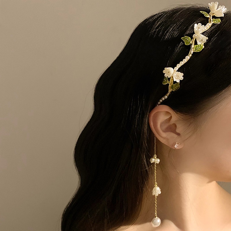 Băng Đô Hoa Lily Trắng Đính Ngọc Trai Tua Rua Phong Cách Mori Thanh Lịch