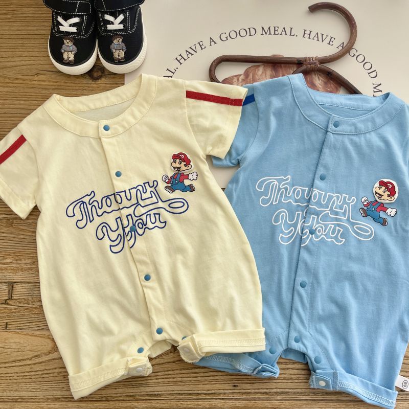 Áo Liền Quần Ngắn Tay Nhẹ In Hình Mario Dễ Thương Cho Bé 0-2 Tuổi