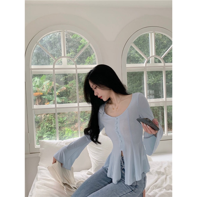 Áo Kiểu Tay Loe Dài Mỏng Dáng Ôm Thời Trang Pháp Cao Cấp Cho Nữ