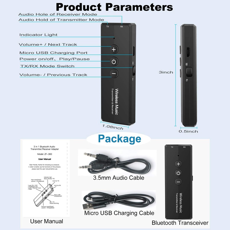 Bộ thu phát bluetooth 5.0 3-in-1, bộ điều hợp âm thanh 3,5 mm không dây cho tv pc tai nghe hệ thống âm thanh tại nhà trên ô tô