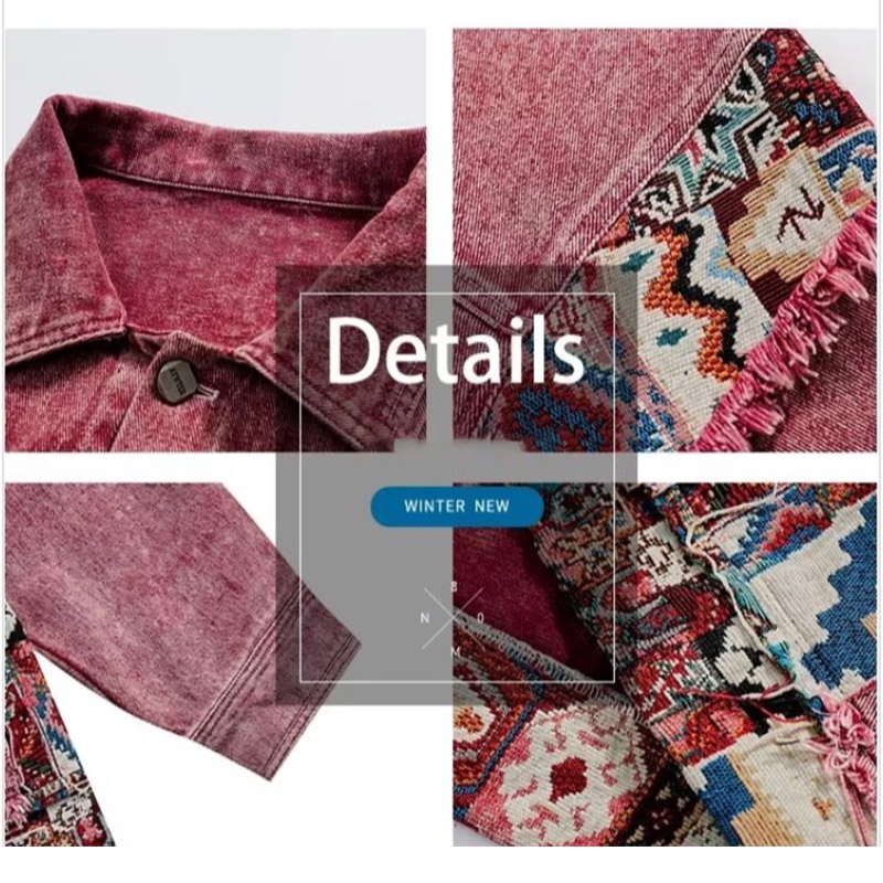 Áo khoác denim YOUTANG khâu họa tiết dáng rộng màu hồng thời trang retro