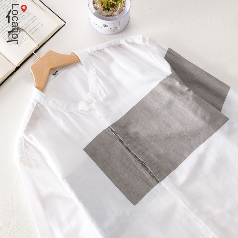 Áo sơ mi BEFOYI SLC112 cotton lanh tay 3/4 dáng rộng kẻ sọc màu xanh dương size M-3XL cho nam