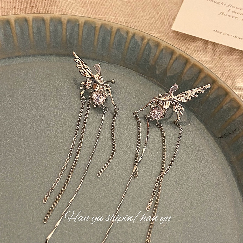 Bộ Khuyên Kẹp Vành Tai Dáng Dài Hình Thiên Thần Đính Đá Dễ Thương Phong Cách Hàn Quốc