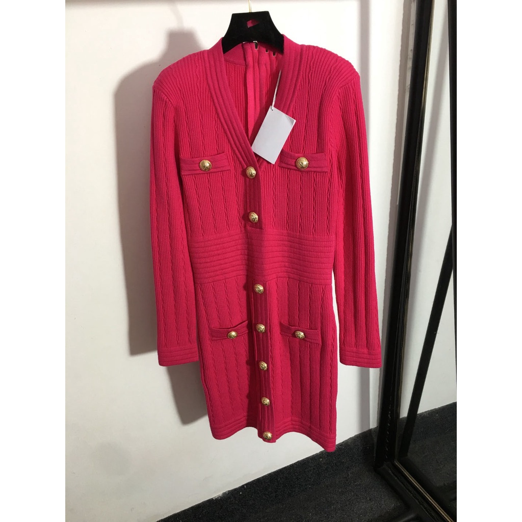 E0NE BALMAIN 2023 autumn new metal buckle single-breasted V-neck waist slimming long sleeve knitted women's sweater sweater dress