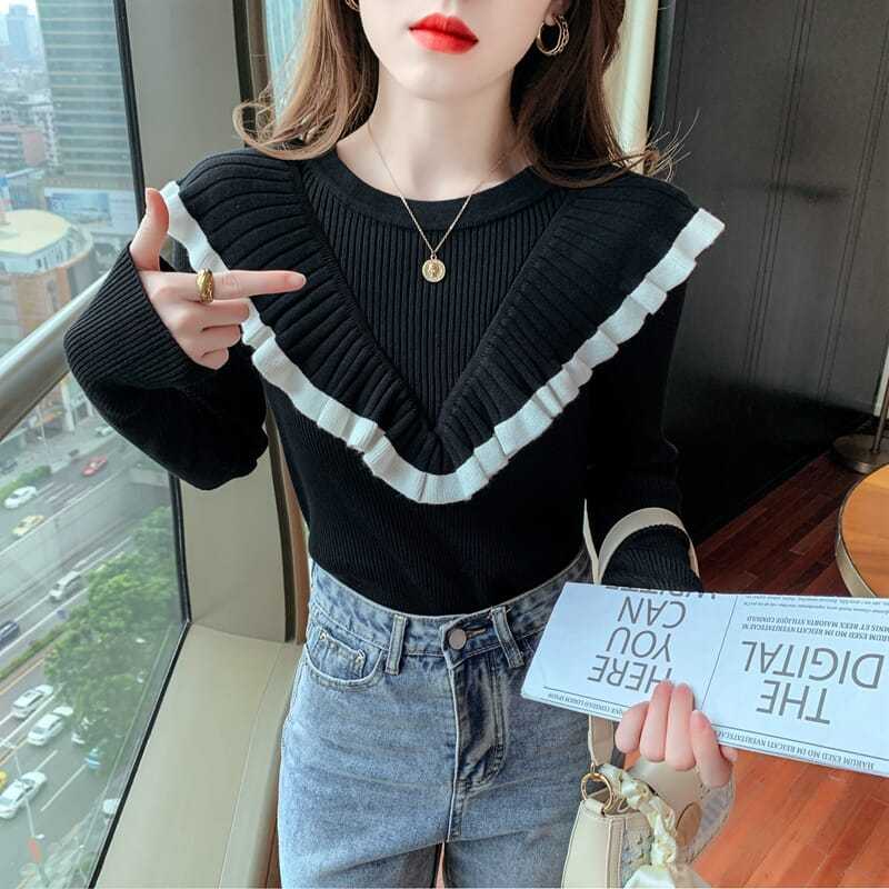 Áo Sweater Tay Dài Ôm Dáng Phối Bèo Thanh Lịch Thời Trang Phong Cách Hàn Quốc Cho Nữ