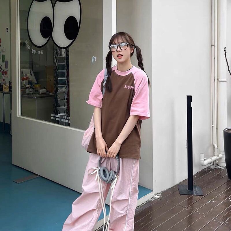 Áo Thun Baby Tee  phối tay Hồng form rộng tay lỡ phong cách Ulzzang